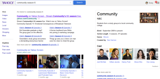 Screenshot of Yahoo Search results for the TV series "Community" including season 6 episodes streaming on Yahoo Screen