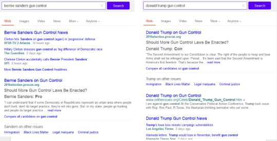 Screenshot of candidate issue stance feature with example content for Bernie Sanders and Donald Trump on gun control