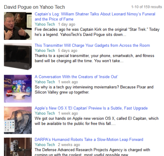Screenshot of a Yahoo Tech vertical search result for writer David Pogue