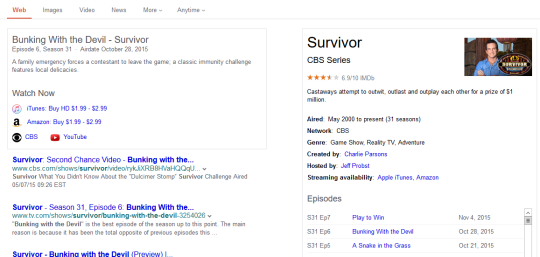 Screenshot of search results for the TV series Survivor, featuring TV knowledge graph (right) and episode detail with streaming links (top left)
