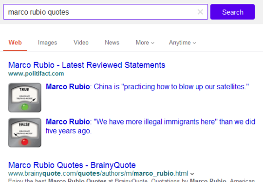 Screenshot of candidate quotes feature with example content for Marco Rubio