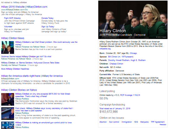 Screenshot of candidate search features with example content for Hillary Clinton