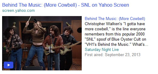 Screenshot of video result for the famous "More Cowbell" SNL sketch