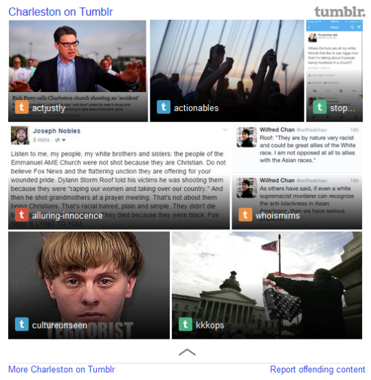 Screenshot of Tumblr search results experience for query "Charleston" sometime after the horrific church shooting