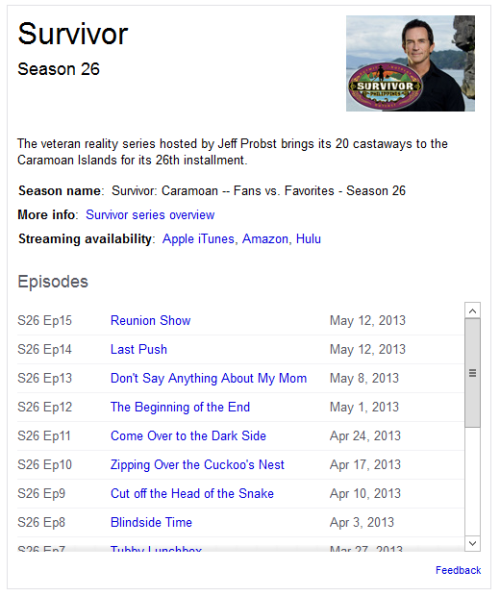 Screenshot of TV season search feature for the series Survivor, season 26, including description and episode list
