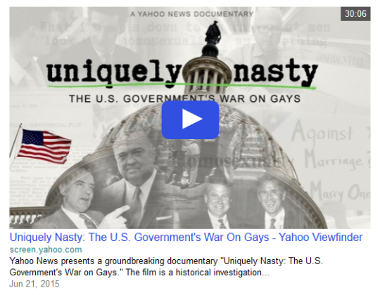 Screenshot of an inline video player search result for a Yahoo News documentary titled "Uniquely Nasty: The U.S. Government's War on Gays"