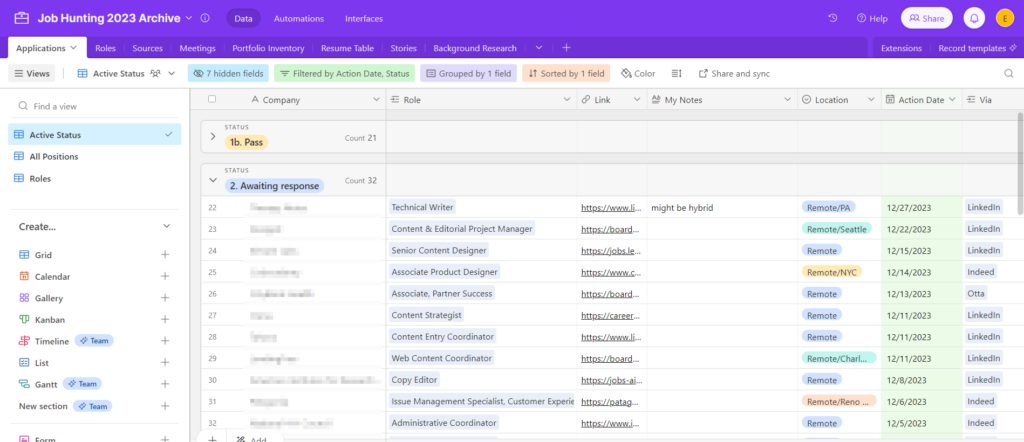 Job Hunting Airtable screenshot