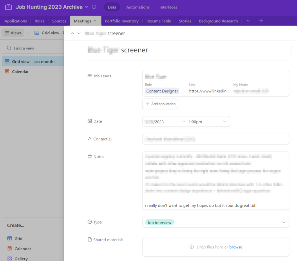 Job Hunting Airtable screenshot